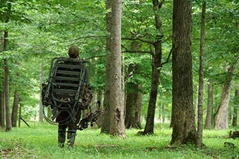 Hunter Walking Through Woods with Climbing Stand