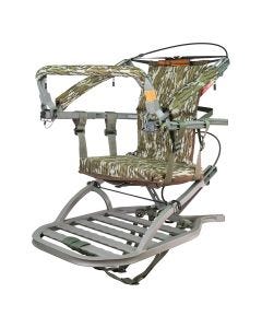 Summit Dual Threat PRO SD climbing treestand in Mossy Oak Original Bottomland camo - shown in rifle hunting mode with Dual Threat adjustable front bar flipped up