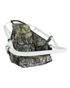 Simple view of the Summit Surround Seat in Mossy Oak Country DNA Camo featuring a bright Summit green logo embroidered on the top inside.