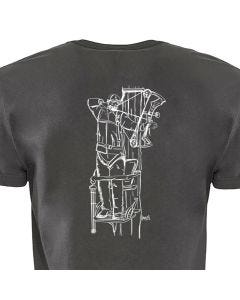 Back view of the Summit Classic T-Shirt - No Pocket featuring an illustration of a hunter drawing his bow while in a Summit climbing treestand