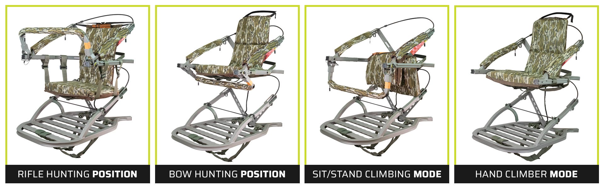 4 images showing the different configurations of the Dual Threat PRO SD climbing treestand: Rifle hunting position, bow hunting position, sit/stand climbing mode, and hand climber mode