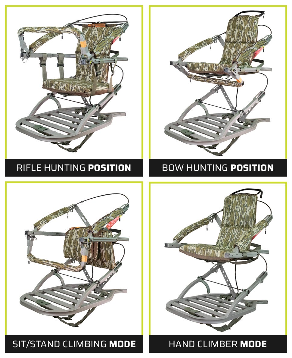 4 images showing the different configurations of the Dual Threat PRO SD climbing treestand: Rifle hunting position, bow hunting position, sit/stand climbing mode, and hand climber mode