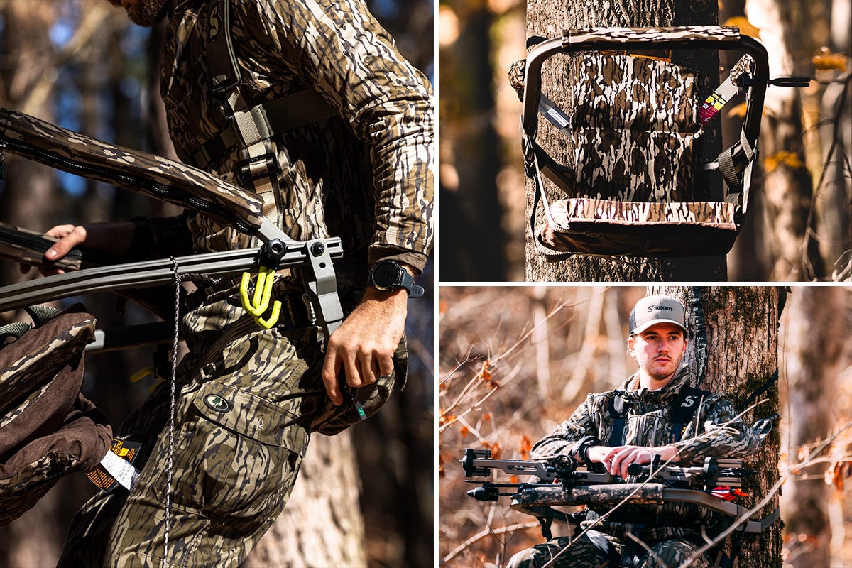 Grid of 3 images showing Summit Treestands' new products for 2024: Dual Threat™ PRO SD, Dual Position Seat, Element Safety Harness