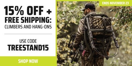 Early Black Friday Savings through November 23: 15% off plus free shipping on all climbing and hang-on treestands with code TREESTAND15